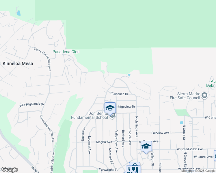 map of restaurants, bars, coffee shops, grocery stores, and more near 3690 Ranch Top Road in Pasadena