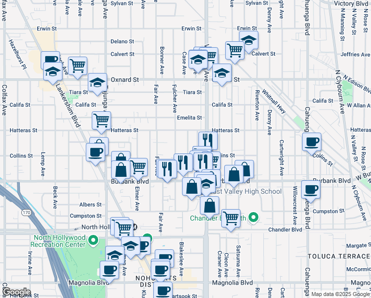 map of restaurants, bars, coffee shops, grocery stores, and more near Case Avenue in Los Angeles