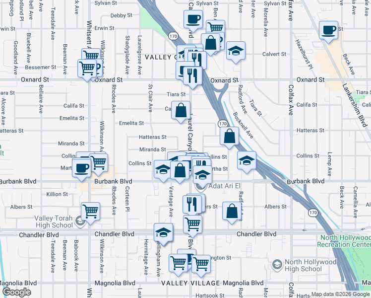 map of restaurants, bars, coffee shops, grocery stores, and more near 5726 Laurel Canyon Boulevard in Los Angeles