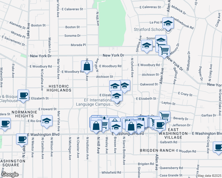 map of restaurants, bars, coffee shops, grocery stores, and more near 1500 East Topeka Street in Pasadena