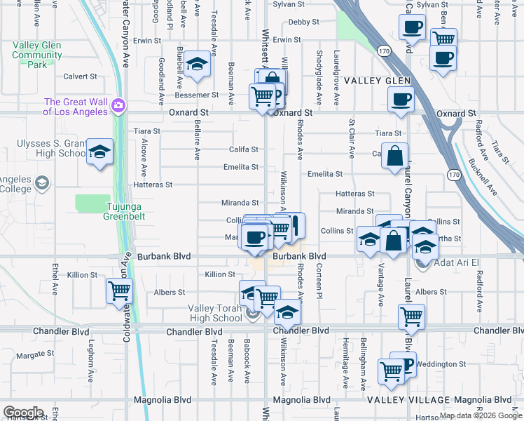 map of restaurants, bars, coffee shops, grocery stores, and more near 5723 Whitsett Avenue in Los Angeles