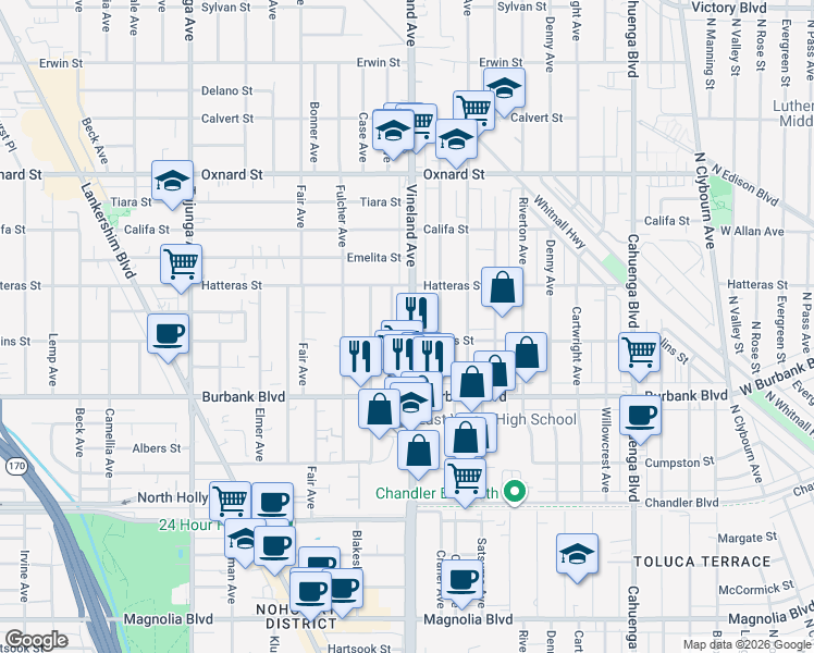 map of restaurants, bars, coffee shops, grocery stores, and more near 5715 Vineland Ave in North Hollywood