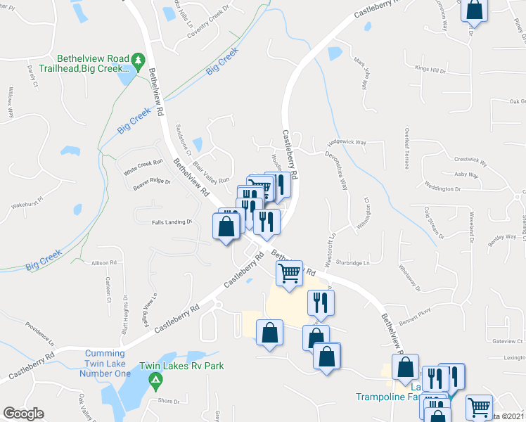 map of restaurants, bars, coffee shops, grocery stores, and more near 5485 Bethelview Road in Cumming