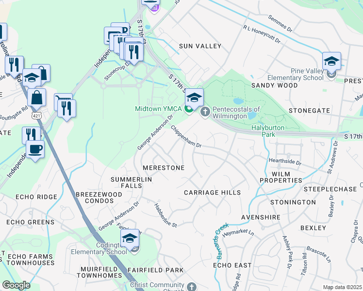 map of restaurants, bars, coffee shops, grocery stores, and more near 3837 Merestone Drive in Wilmington