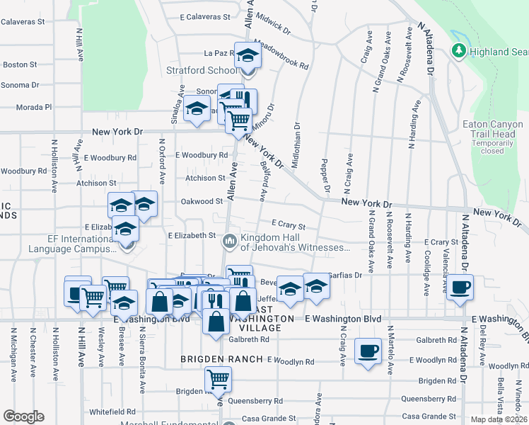 map of restaurants, bars, coffee shops, grocery stores, and more near 1978 Oakwood Street in Pasadena