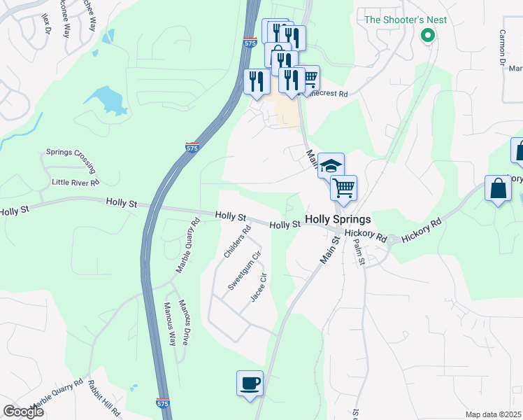 map of restaurants, bars, coffee shops, grocery stores, and more near 3007 Holly Street in Holly Springs