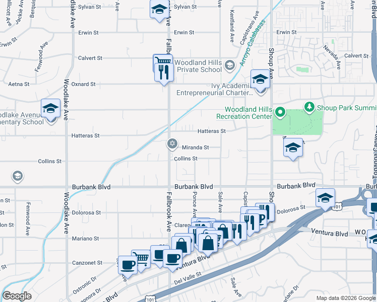 map of restaurants, bars, coffee shops, grocery stores, and more near 22716 Miranda Street in Los Angeles