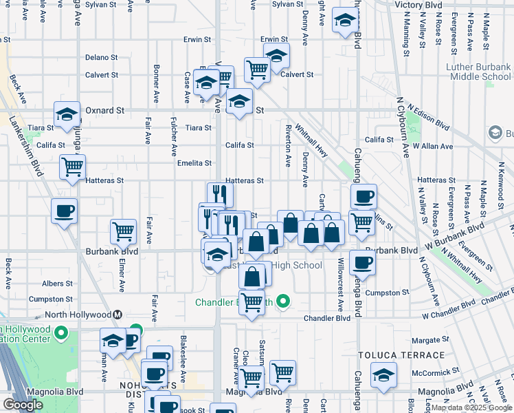 map of restaurants, bars, coffee shops, grocery stores, and more near 5716 Cleon Avenue in Los Angeles