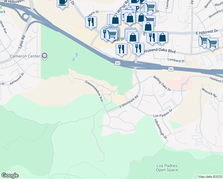map of restaurants, bars, coffee shops, grocery stores, and more near 233 Green Lea Place in Thousand Oaks
