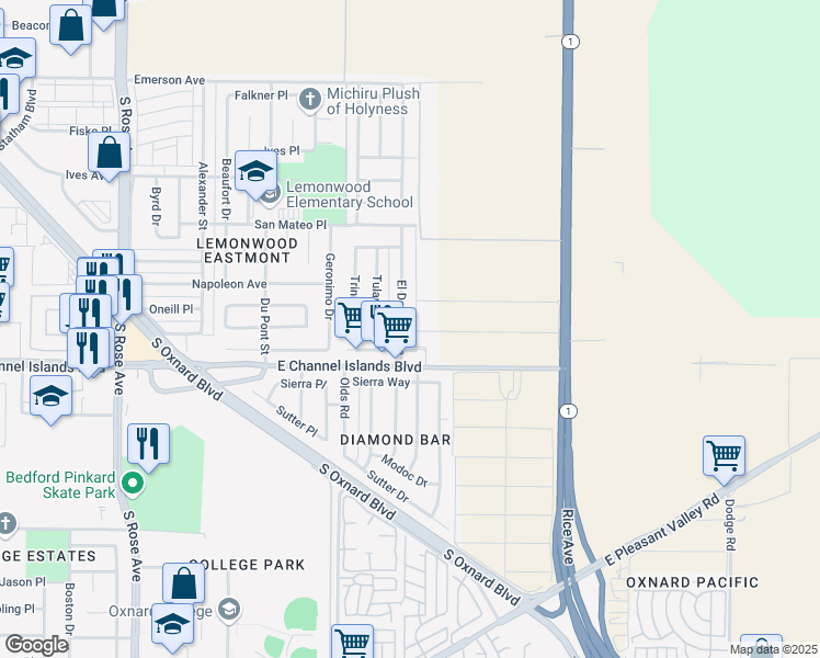 map of restaurants, bars, coffee shops, grocery stores, and more near 2700 El Dorado Avenue in Oxnard