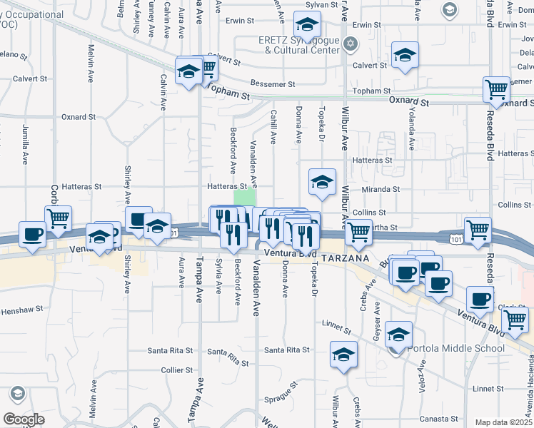 map of restaurants, bars, coffee shops, grocery stores, and more near 19111 Collins Street in Los Angeles