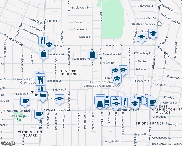 map of restaurants, bars, coffee shops, grocery stores, and more near 1661 North Holliston Avenue in Pasadena