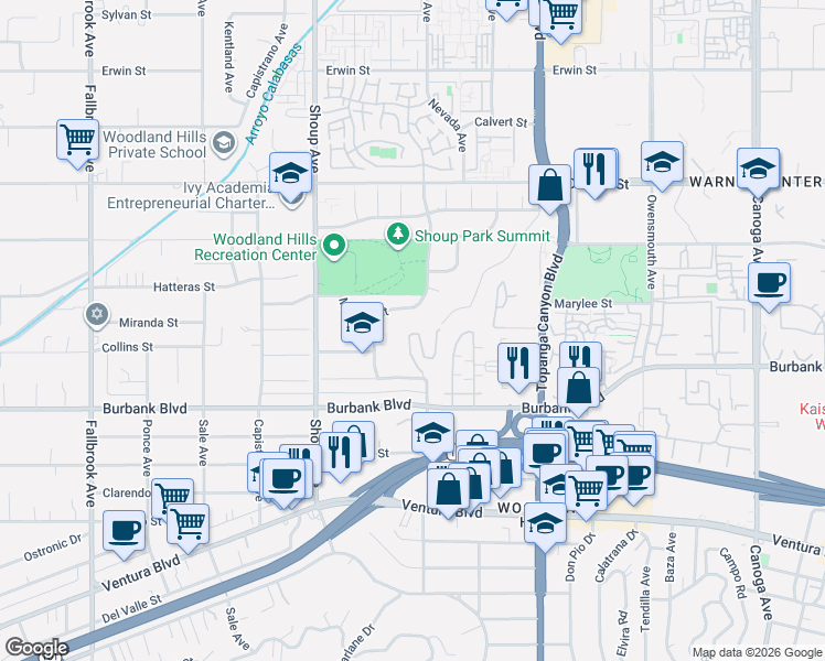 map of restaurants, bars, coffee shops, grocery stores, and more near 5655 Como Circle in Los Angeles