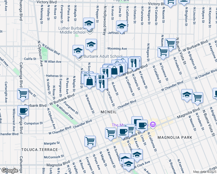 map of restaurants, bars, coffee shops, grocery stores, and more near 1330 North Cordova Street in Burbank