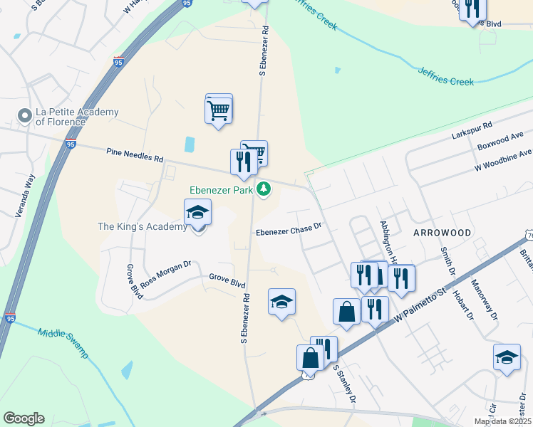 map of restaurants, bars, coffee shops, grocery stores, and more near 1012 South Ebenezer Road in Florence