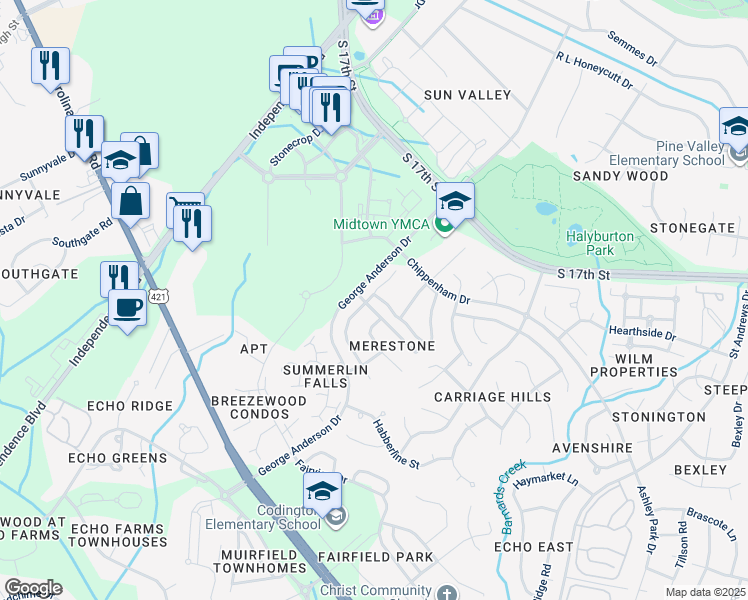 map of restaurants, bars, coffee shops, grocery stores, and more near 3701 Merestone Drive in Wilmington