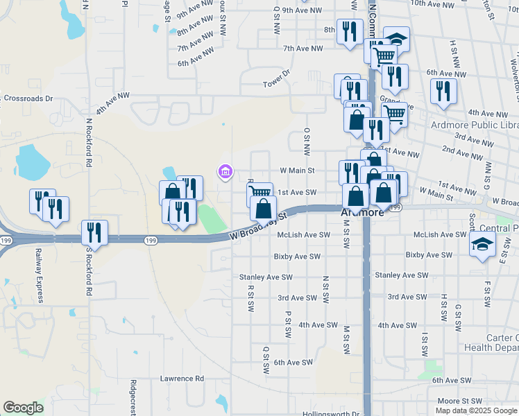 map of restaurants, bars, coffee shops, grocery stores, and more near 1623 West Broadway Street in Ardmore