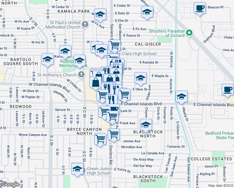 map of restaurants, bars, coffee shops, grocery stores, and more near 2720 Saviers Road in Oxnard