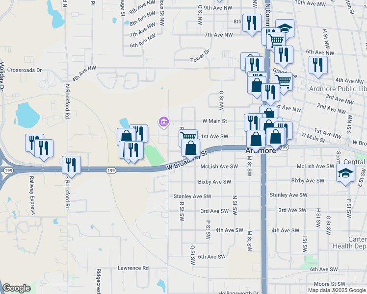 map of restaurants, bars, coffee shops, grocery stores, and more near 1623 West Broadway Street in Ardmore