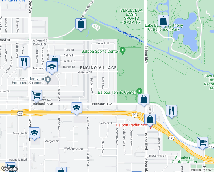 map of restaurants, bars, coffee shops, grocery stores, and more near 5711 Ostrom Avenue in Los Angeles