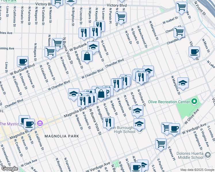 map of restaurants, bars, coffee shops, grocery stores, and more near 740 North Myers Street in Burbank