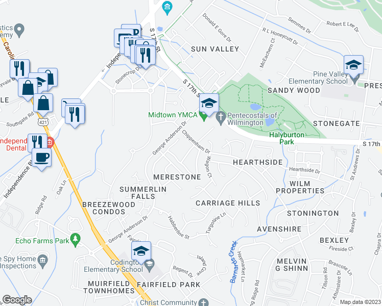 map of restaurants, bars, coffee shops, grocery stores, and more near 3847 Merestone Drive in Wilmington