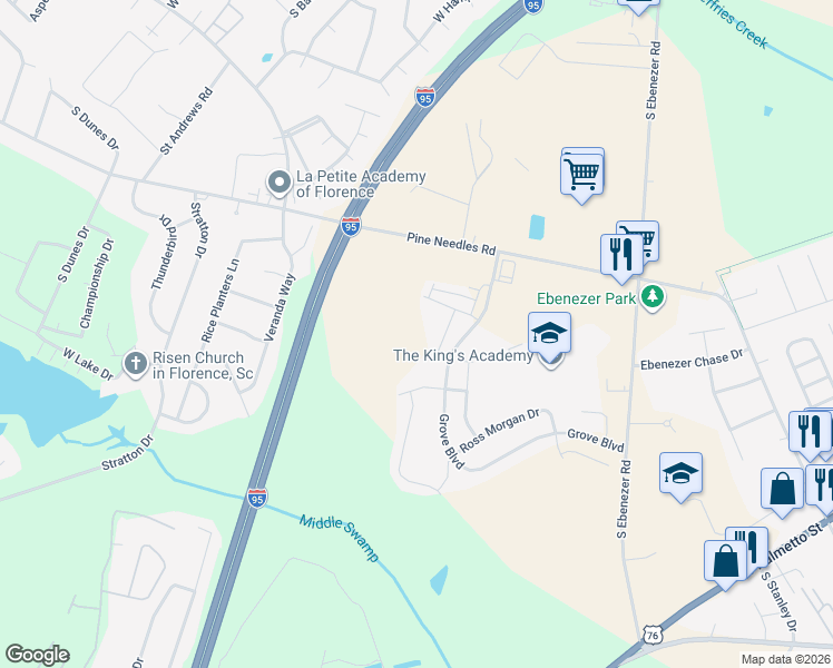 map of restaurants, bars, coffee shops, grocery stores, and more near 3404 Pine Needles Road in Florence
