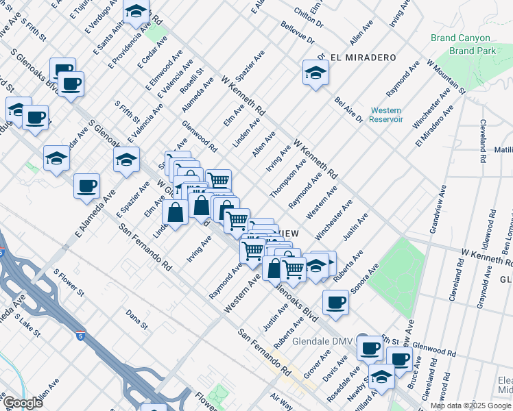 map of restaurants, bars, coffee shops, grocery stores, and more near 1165 Thompson Avenue in Glendale