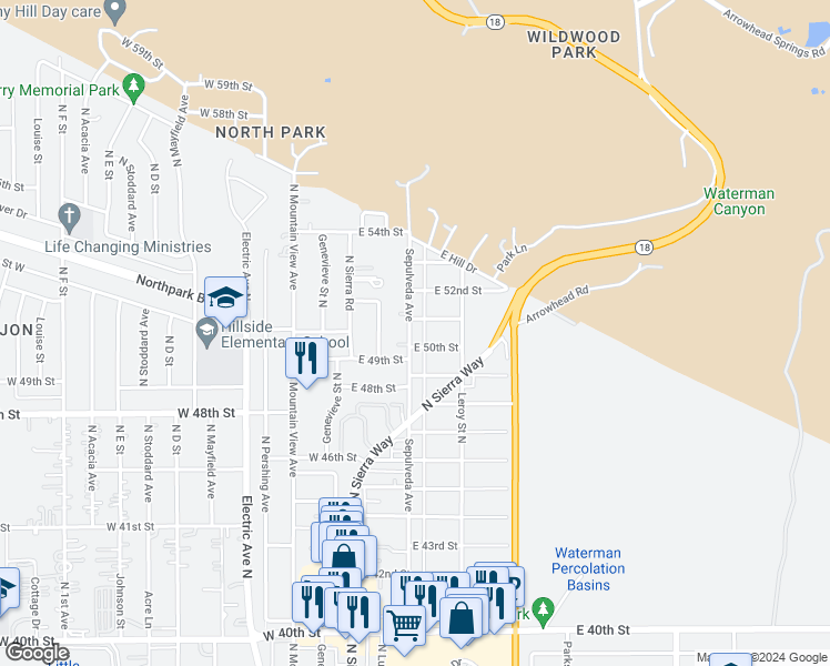 map of restaurants, bars, coffee shops, grocery stores, and more near 5053 Sepulveda Avenue in San Bernardino