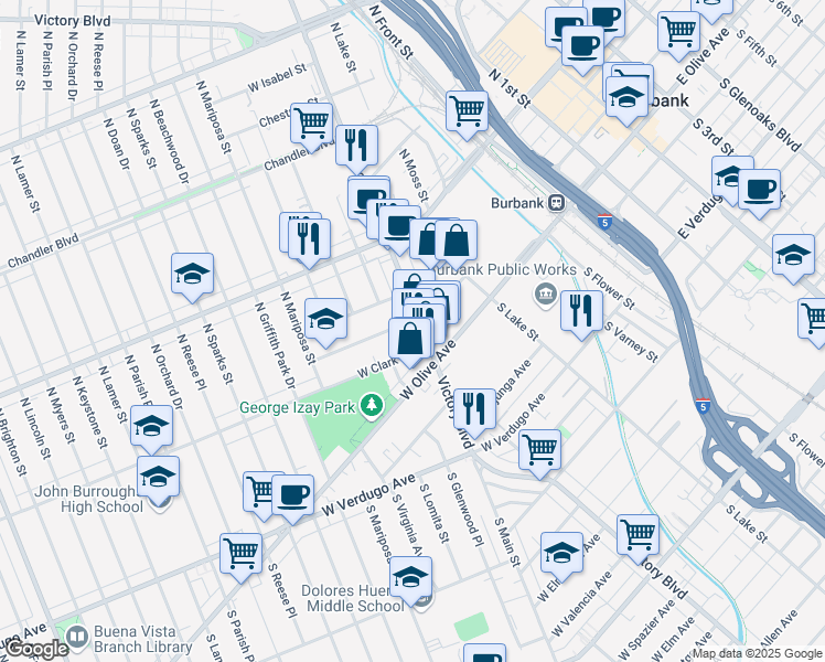 map of restaurants, bars, coffee shops, grocery stores, and more near 137 North Victory Boulevard in Burbank