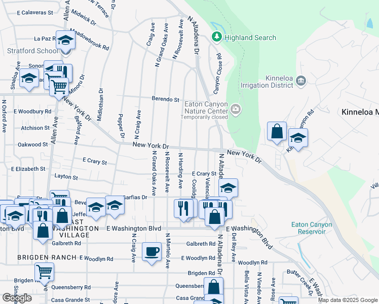 map of restaurants, bars, coffee shops, grocery stores, and more near 2482 New York Drive in Altadena