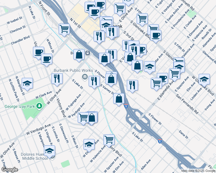 map of restaurants, bars, coffee shops, grocery stores, and more near 426 North Varney Street in Burbank
