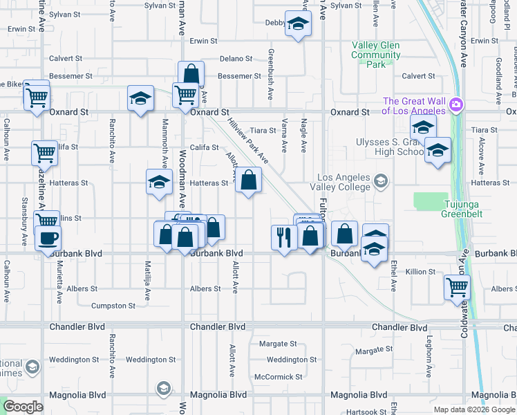 map of restaurants, bars, coffee shops, grocery stores, and more near 5716 Sunnyslope Avenue in Los Angeles