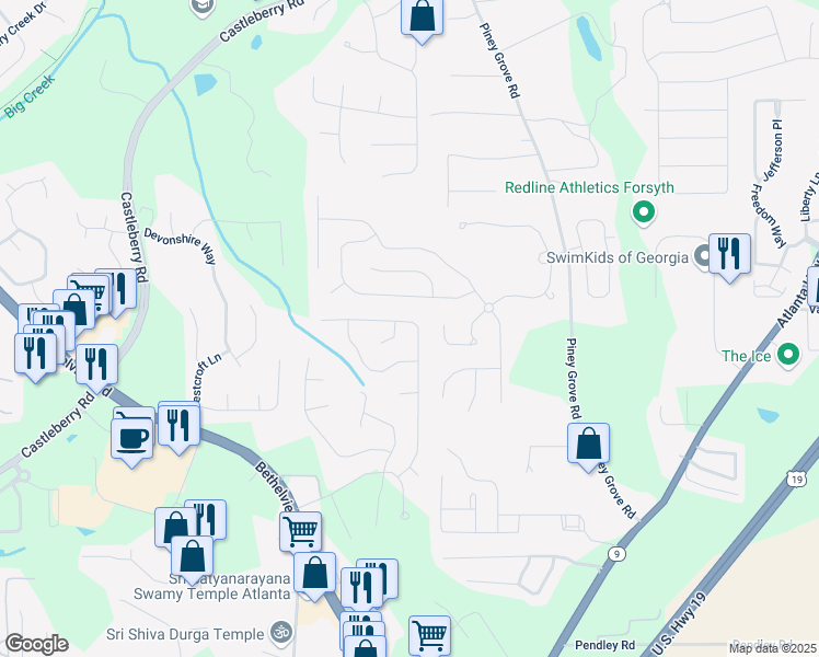 map of restaurants, bars, coffee shops, grocery stores, and more near 6455 Waveland Drive in Cumming