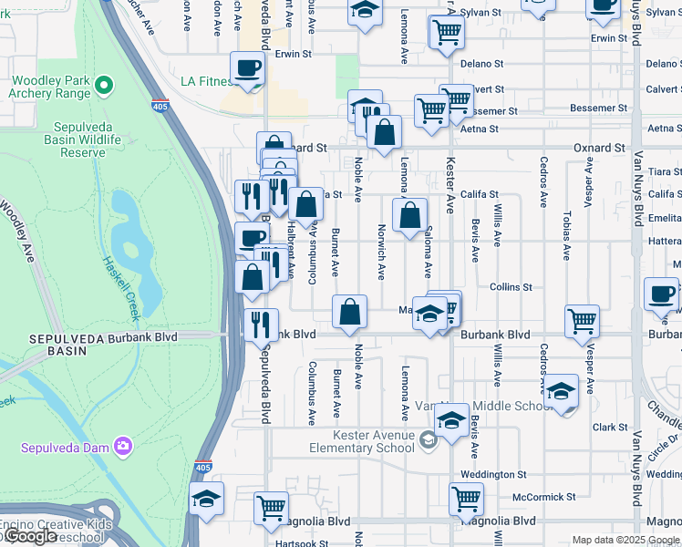 map of restaurants, bars, coffee shops, grocery stores, and more near 5718 Burnet Avenue in Los Angeles