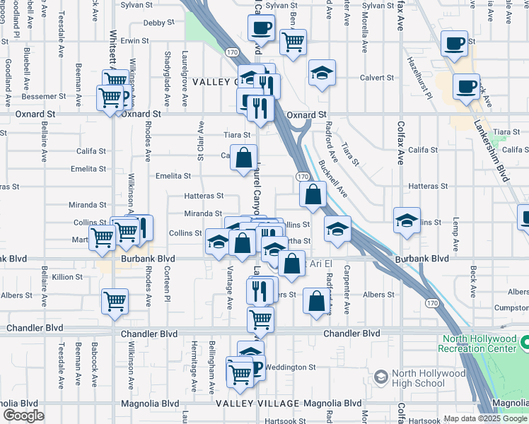 map of restaurants, bars, coffee shops, grocery stores, and more near 5726 Laurel Canyon Boulevard in Los Angeles
