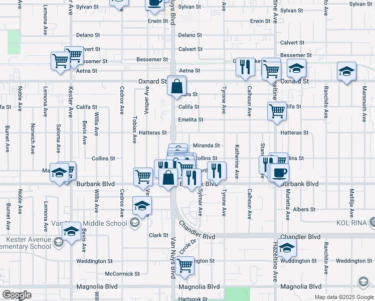 map of restaurants, bars, coffee shops, grocery stores, and more near 5719 Tilden Avenue in Los Angeles
