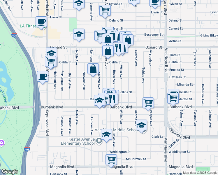 map of restaurants, bars, coffee shops, grocery stores, and more near 5715 Bevis Avenue in Los Angeles