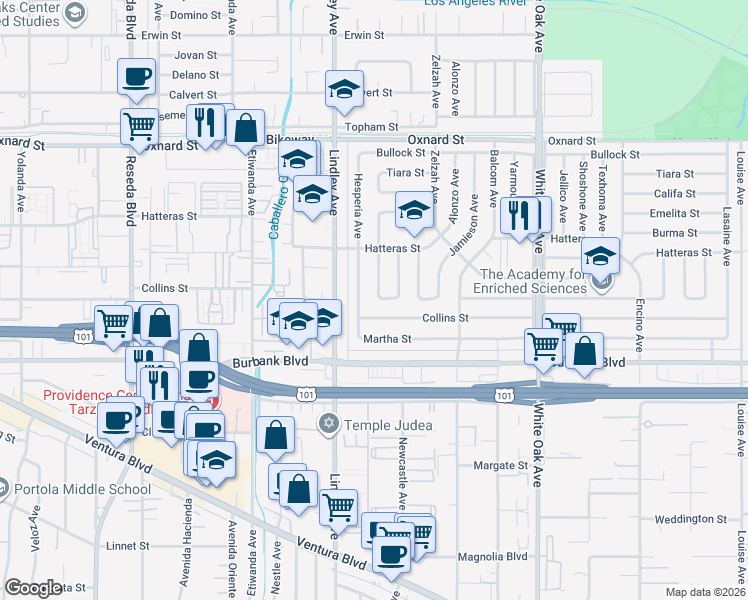 map of restaurants, bars, coffee shops, grocery stores, and more near 5729 Bertrand Avenue in Los Angeles