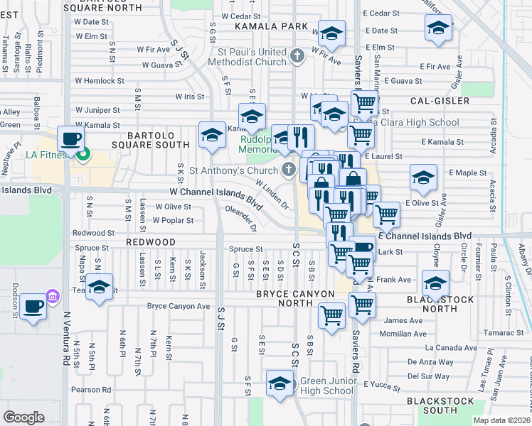 map of restaurants, bars, coffee shops, grocery stores, and more near 505 West Channel Islands Boulevard in Oxnard