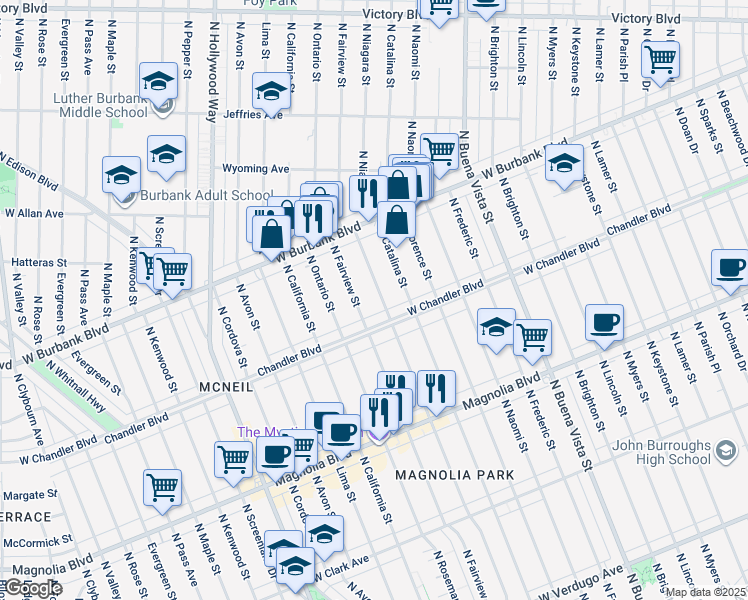 map of restaurants, bars, coffee shops, grocery stores, and more near 1121 North Niagara Street in Burbank