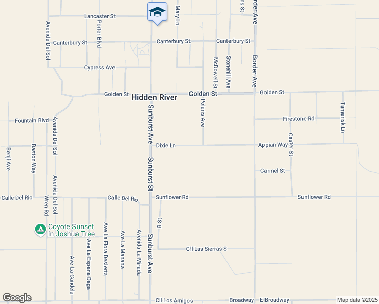 map of restaurants, bars, coffee shops, grocery stores, and more near 62259 Dixie Lane in Joshua Tree
