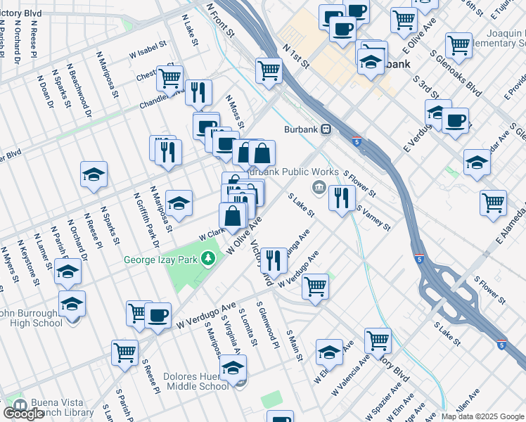 map of restaurants, bars, coffee shops, grocery stores, and more near 239 W Olive Ave in Burbank
