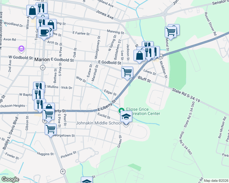 map of restaurants, bars, coffee shops, grocery stores, and more near 719 Edgar Street in Marion