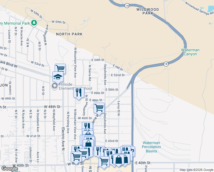 map of restaurants, bars, coffee shops, grocery stores, and more near 5053 Sepulveda Avenue in San Bernardino