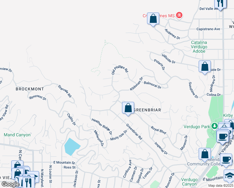 map of restaurants, bars, coffee shops, grocery stores, and more near 1025 Old Phillips Road in Glendale