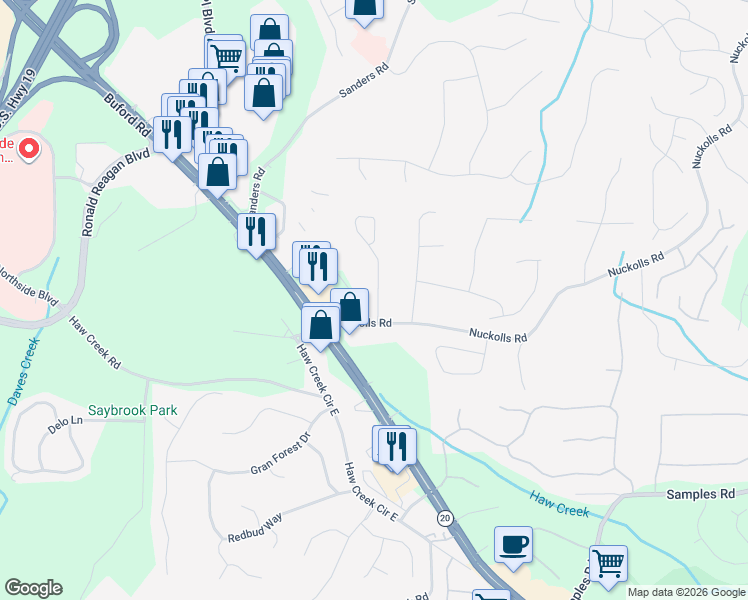 map of restaurants, bars, coffee shops, grocery stores, and more near 2695 Middle Creek Way in Cumming