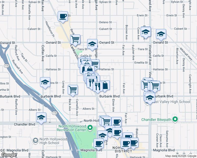 map of restaurants, bars, coffee shops, grocery stores, and more near 5716 Tujunga Avenue in Los Angeles