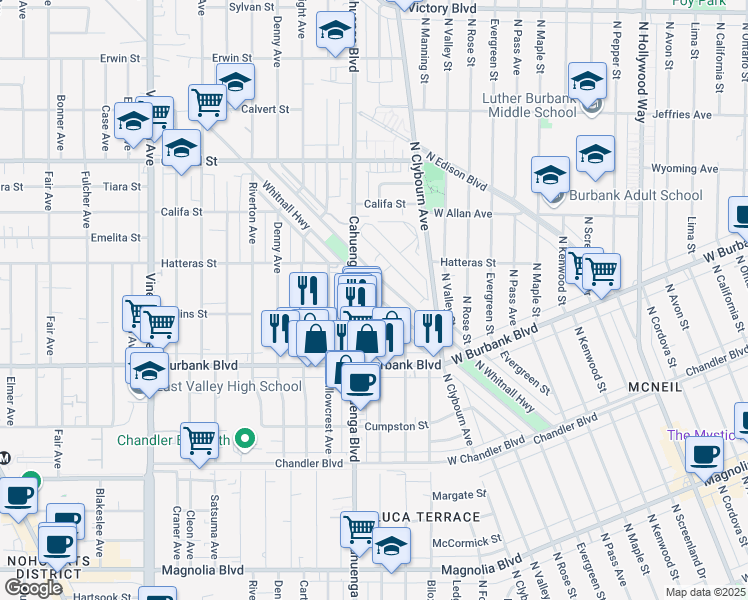 map of restaurants, bars, coffee shops, grocery stores, and more near 5719 Auckland Avenue in Los Angeles
