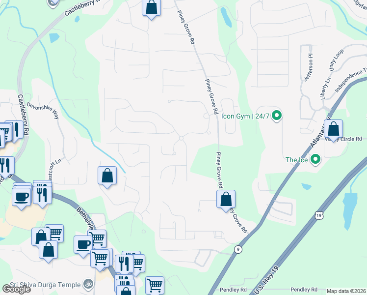 map of restaurants, bars, coffee shops, grocery stores, and more near 5640 Sterling Court in Cumming